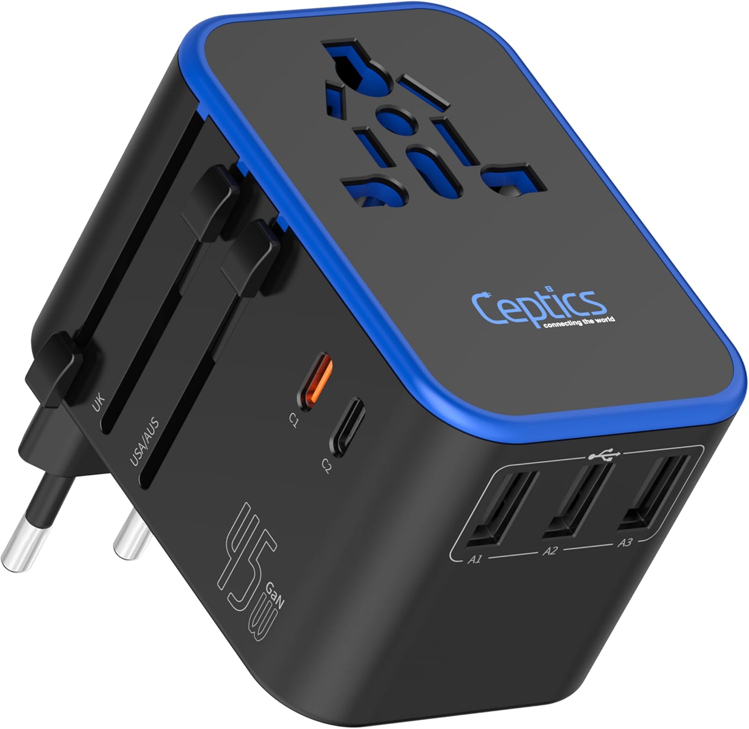 Ceptics 45W Universal Travel Adapter w/ 3 USB-A, 2 USB-C & Universal Input | International Power Adapter, Type A, C, G & I Plugs, Universal Socket for Global Compatibility, PD 45W Fast Charge