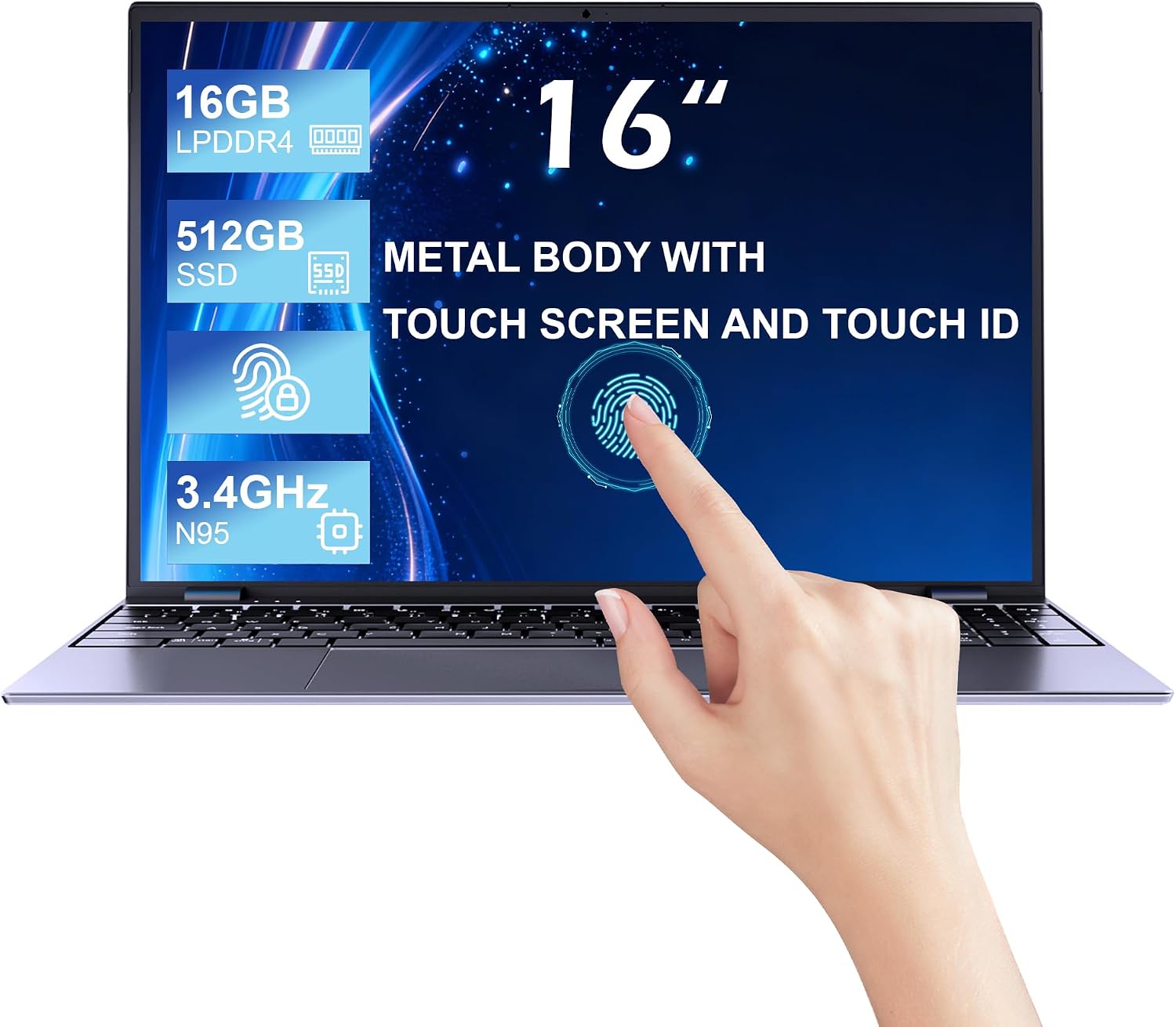 16 inch Touchscreen Laptop with 16GB RAM 512GB SSD, Win 11 Laptop Computer with Quad Core N95 Processor (Up to 3.4GHz),Backlit Keyboard, Fingerprint Reader, Metal case,BT5.2,for Students & Work