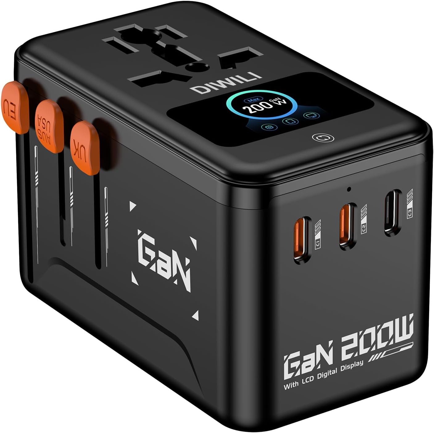 DIWILI 200W GaN Universal Travel Adapter with Smart Display for EU/US/UK | USB-C Fast Charging for MacBook iPhone Laptop, 1AC/3USB-C/1USB-A, International Power Adapter for 200+ Countries Travel