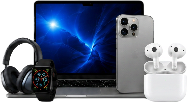 Premium tech gadgets — laptop, smartphone, smartwatch, headphones and earbuds